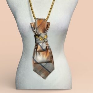 Bronze and orange Plaid Necktie necklace with Gold Chain Accent and bee brooch